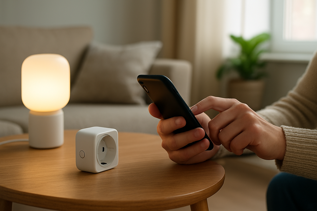 person checking router settings with smart plug and phone nearby