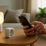 person checking router settings with smart plug and phone nearby