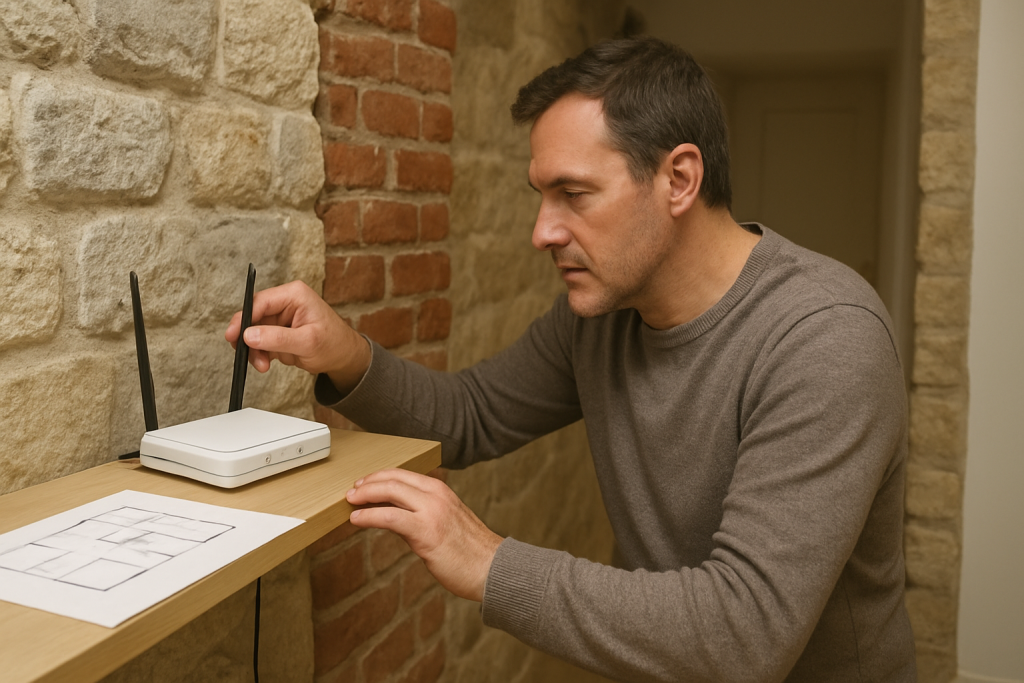 home router placement troubleshooting in a room with thick walls and floor plan