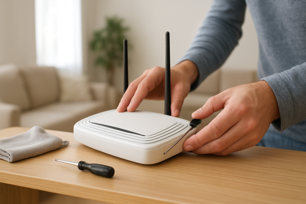 person inspecting a small router on a shelf with a screwdriver nearby
