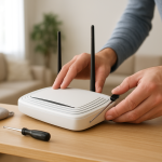 person inspecting a small router on a shelf with a screwdriver nearby