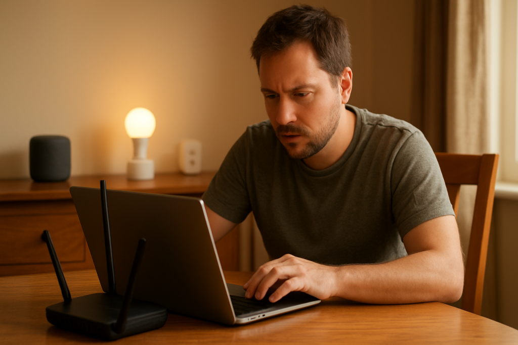 person updating router firmware with connected smart devices nearby