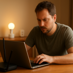 person updating router firmware with connected smart devices nearby