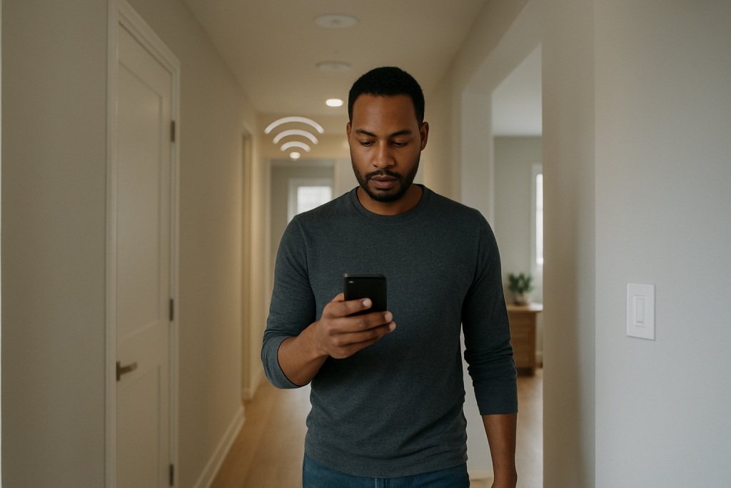 person walking through home holding phone checking wifi connection strength