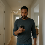 person walking through home holding phone checking wifi connection strength