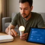 tech repairing home network router and smart devices reconnection steps