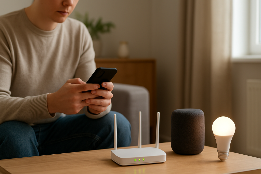 Person checking router settings and smart device during setup