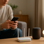 Person checking router settings and smart device during setup