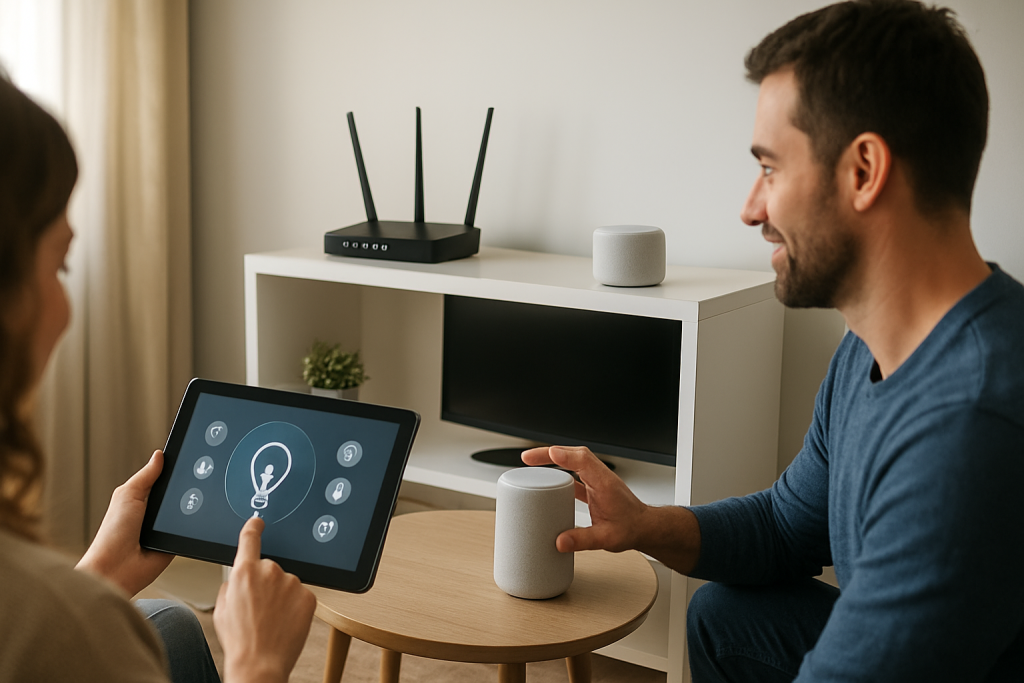 home router and smart devices showing network activity in living room