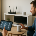 home router and smart devices showing network activity in living room