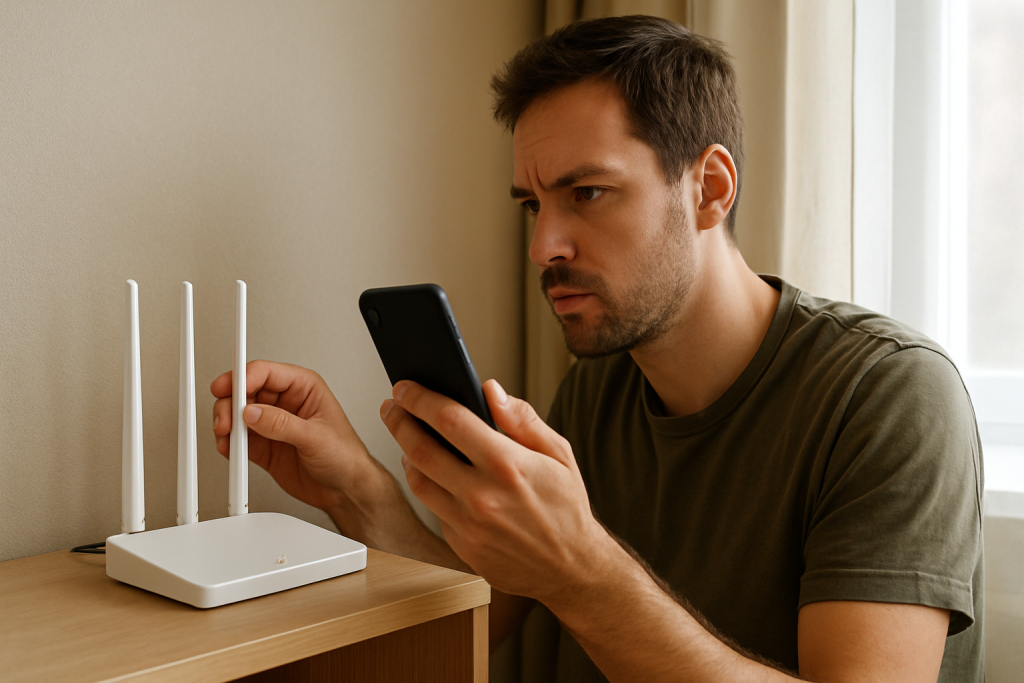 person troubleshooting phone near router checking signal and settings