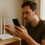 person troubleshooting phone near router checking signal and settings