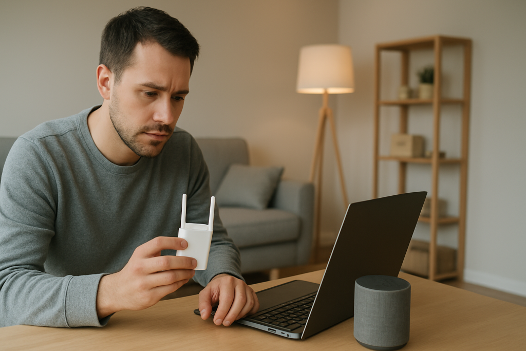 frustrated homeowner troubleshooting wifi extender and smart devices in living room
