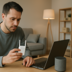 frustrated homeowner troubleshooting wifi extender and smart devices in living room