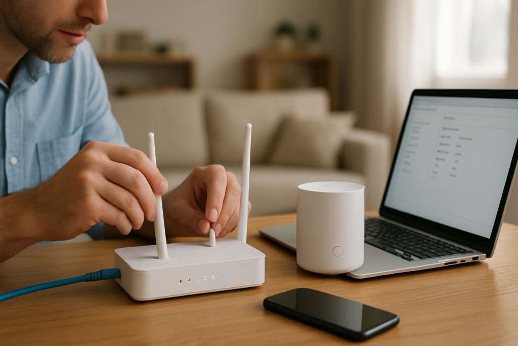 Person checking home router and smart device setup with laptop nearby