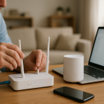 Person checking home router and smart device setup with laptop nearby