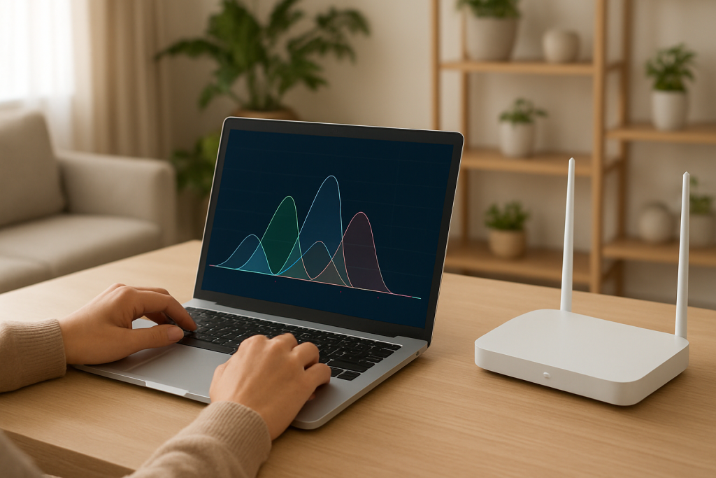 person checking home router signal with laptop and channel scan