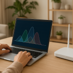 person checking home router signal with laptop and channel scan