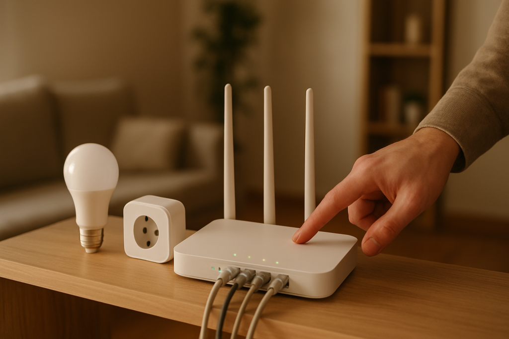 router and smart devices on a home network with signal indicators