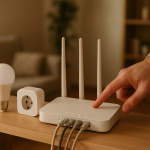 router and smart devices on a home network with signal indicators