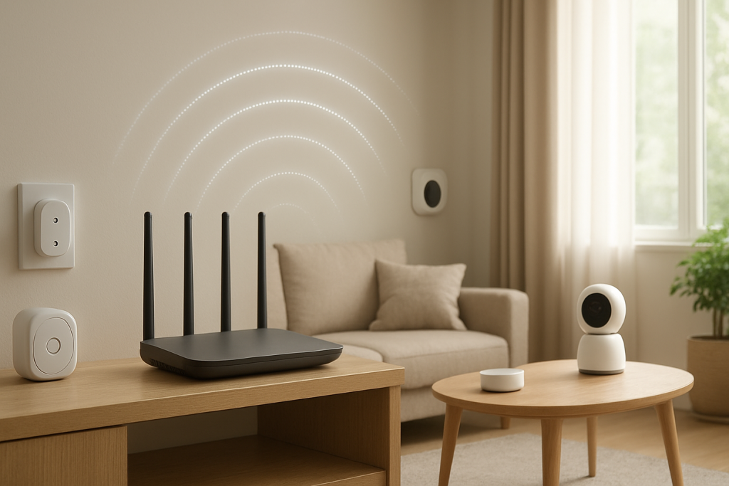 home wireless router setup with various smart devices connected in living room