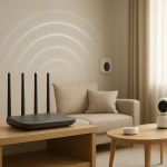 home wireless router setup with various smart devices connected in living room