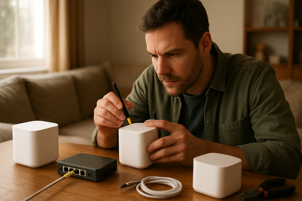 technician adjusting mesh router nodes in a home environment