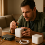 technician adjusting mesh router nodes in a home environment