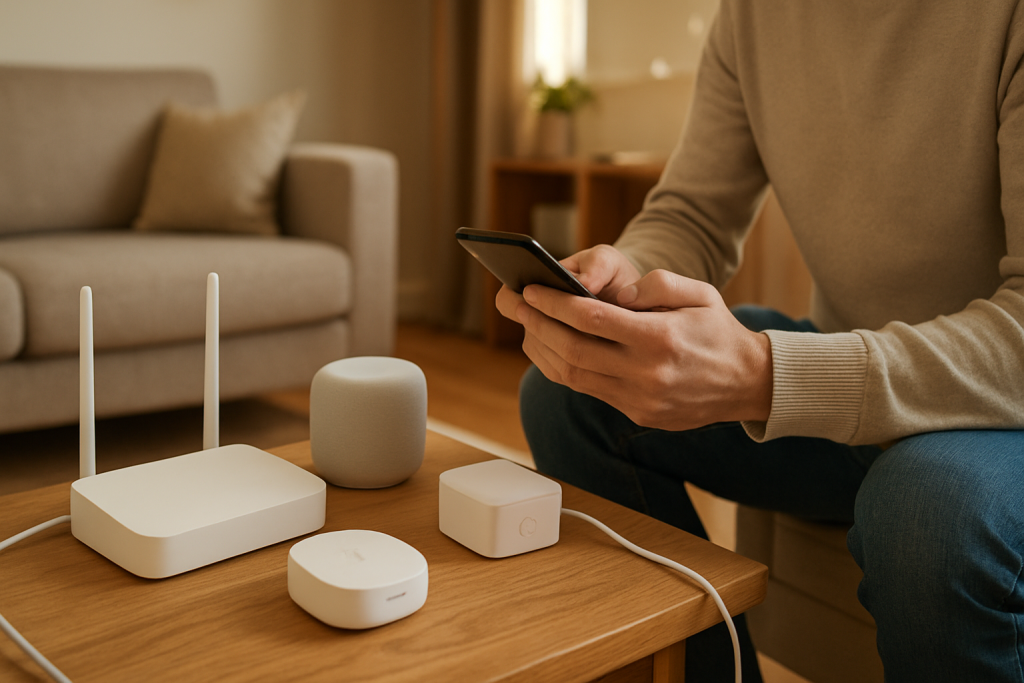 Person troubleshooting multiple smart home devices near a router and phone