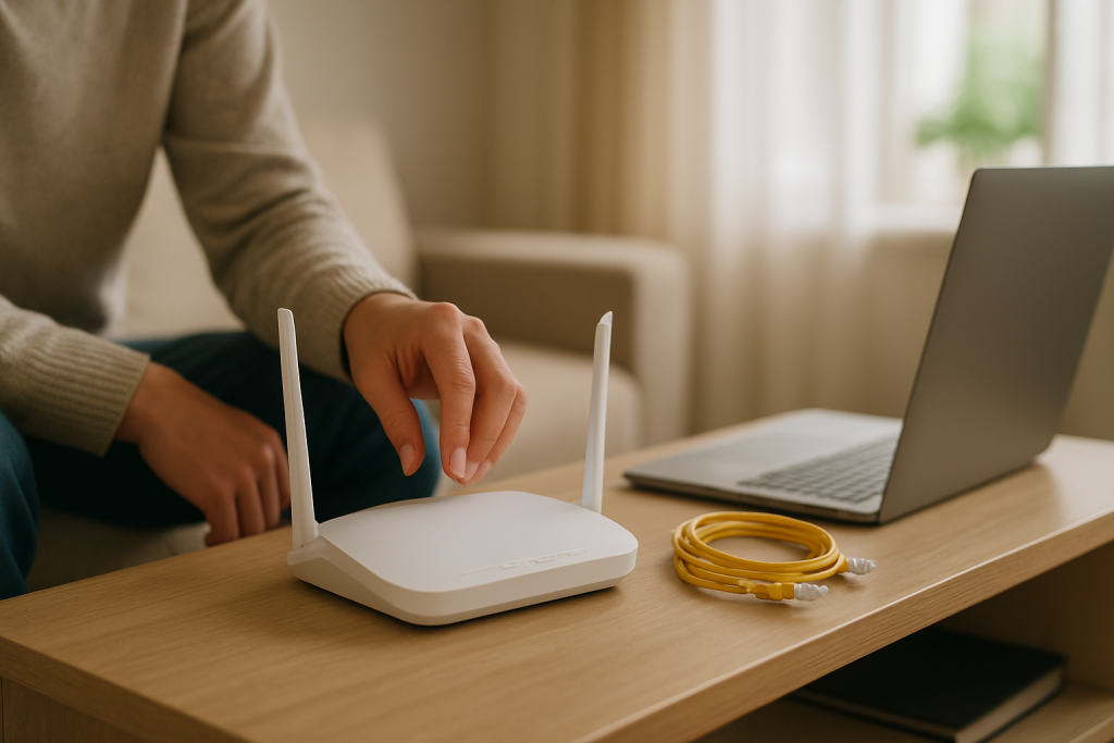 person checking router firmware on home network device