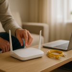 person checking router firmware on home network device