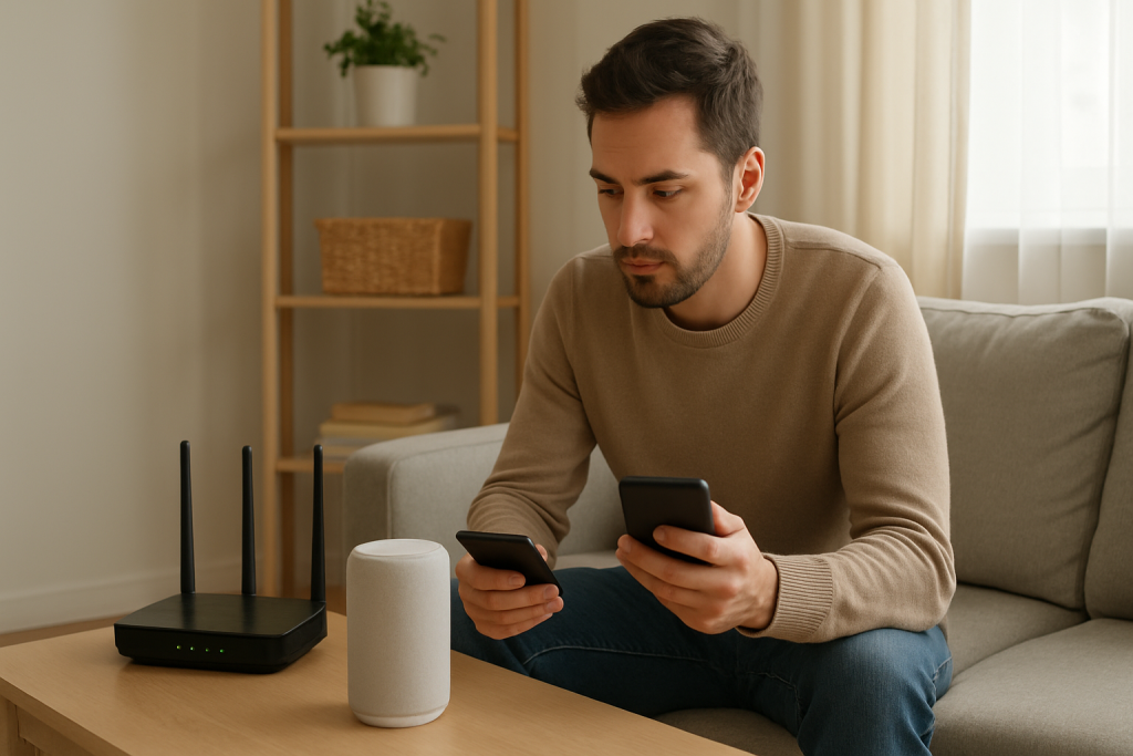 person troubleshooting voice assistant at home near speaker and router