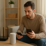 person troubleshooting voice assistant at home near speaker and router