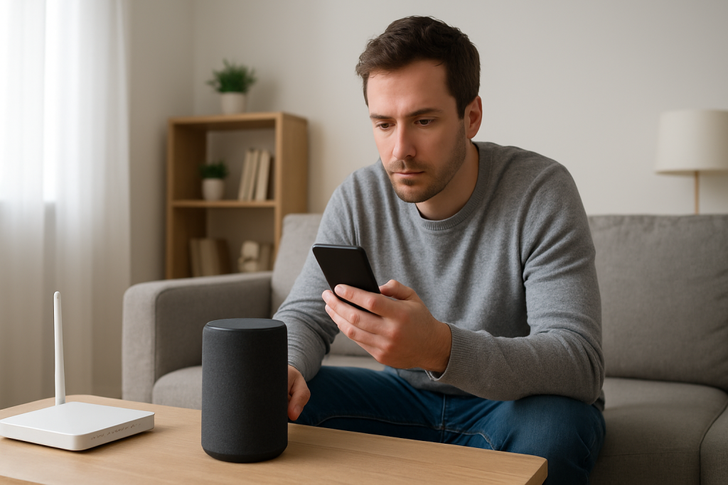 Person troubleshooting a smart speaker with phone checking settings