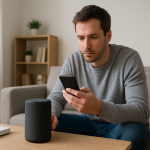 Person troubleshooting a smart speaker with phone checking settings