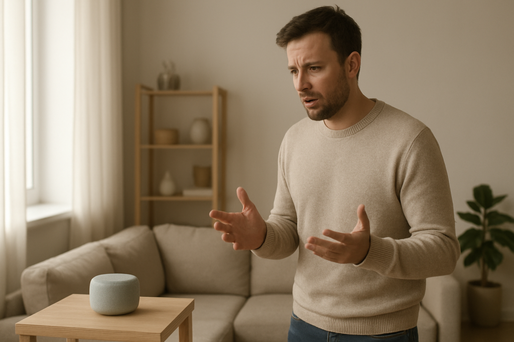 person speaking to a smart speaker in a living room troubleshooting voice issues