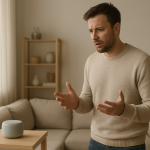 person speaking to a smart speaker in a living room troubleshooting voice issues