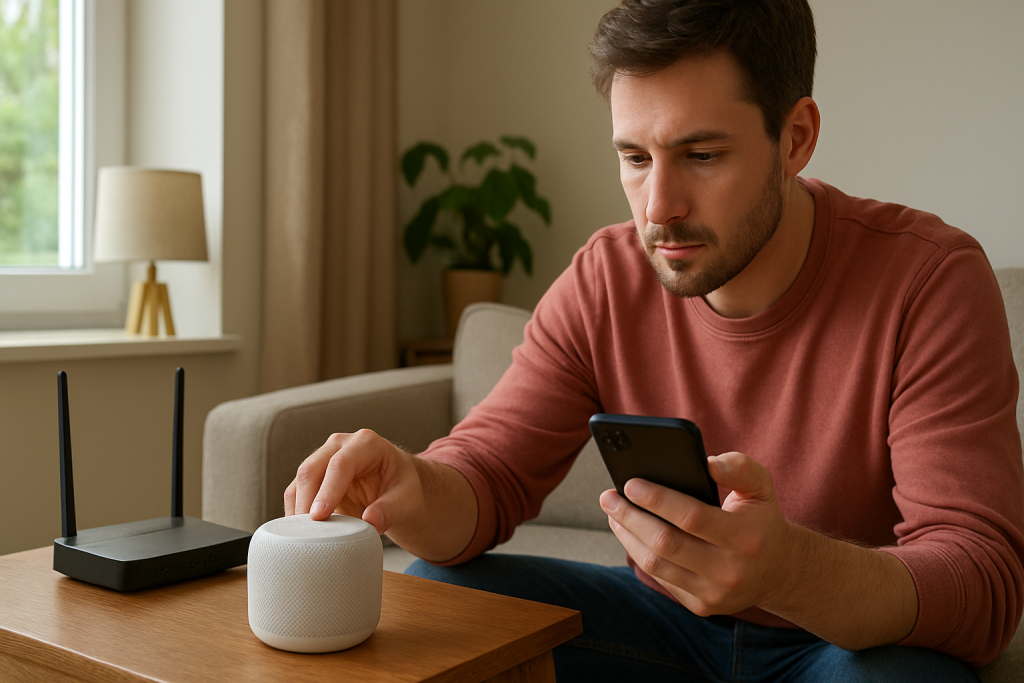 person checking a small smart speaker near a home router and phone