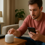 person checking a small smart speaker near a home router and phone