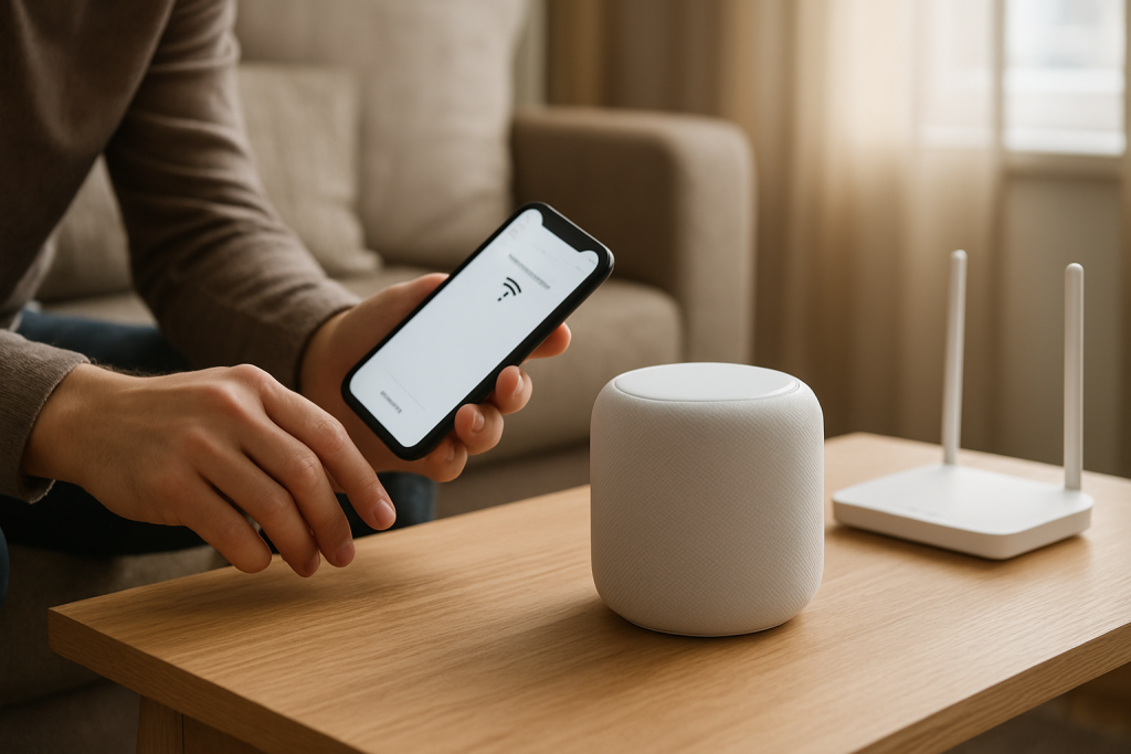 person troubleshooting a smart speaker with phone and router nearby