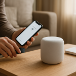 person troubleshooting a smart speaker with phone and router nearby