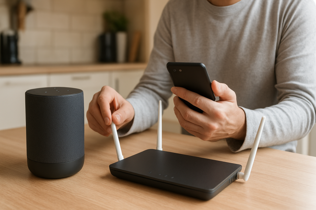person troubleshooting home WiFi router and smart speaker setup table