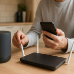 person troubleshooting home WiFi router and smart speaker setup table