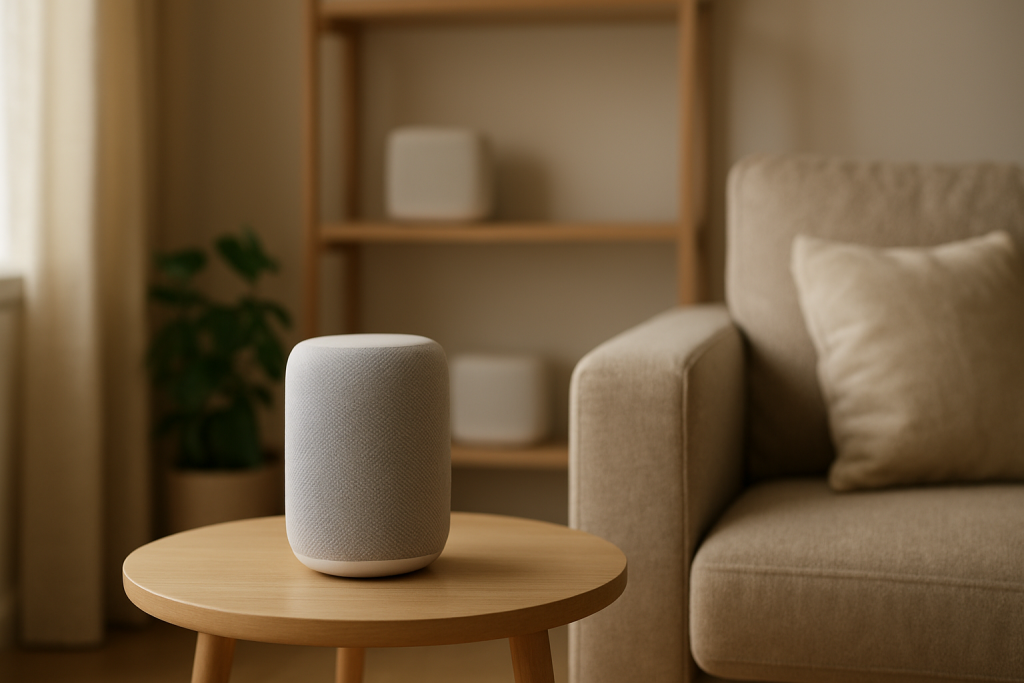 smart speaker and home router nodes in living room setup