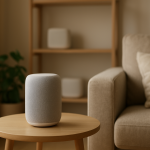 smart speaker and home router nodes in living room setup