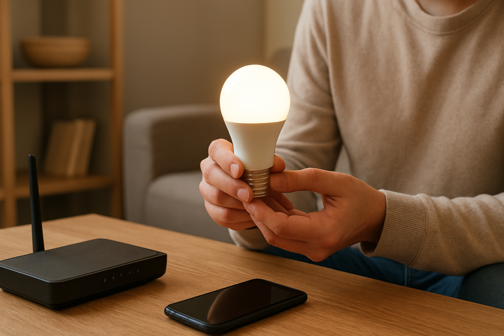 person holding a smart bulb beside a home router and smartphone setup