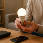 person holding a smart bulb beside a home router and smartphone setup