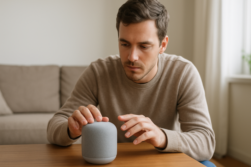 person troubleshooting smart speaker microphone in a living room