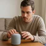 person troubleshooting smart speaker microphone in a living room