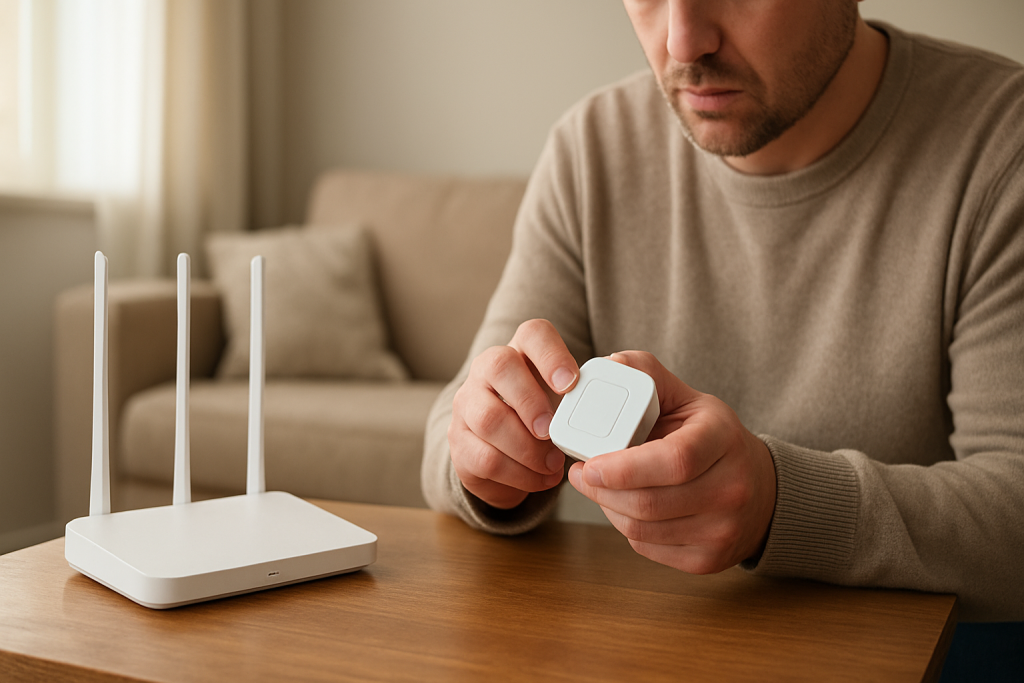 home router and smart device setup on kitchen counter with cable